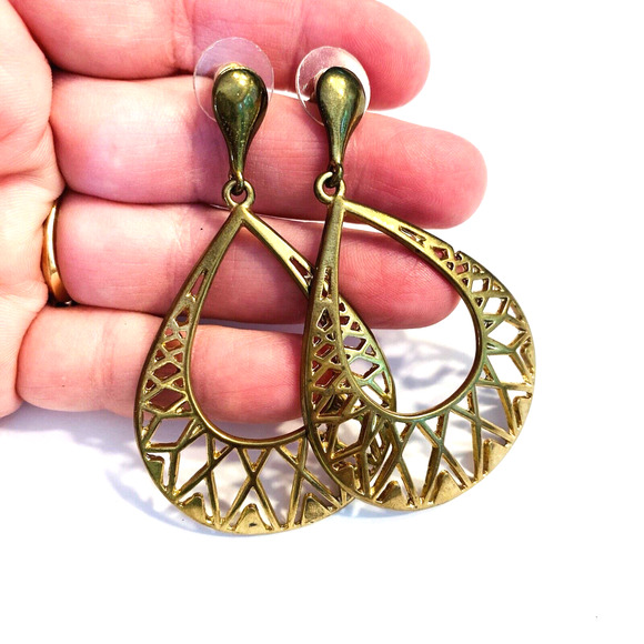 Vintage Y2K Boho Goldtone Pierced Earrings Drop Dangle Teardrop Hoops Festival - Picture 2 of 5
